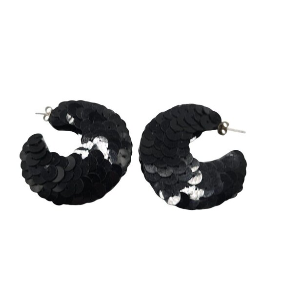 Black Sequin Hoop Earrings Retro 1980s Statement Jewelry Lightweight - Picture 1 of 4